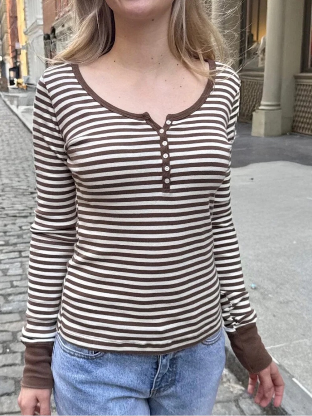Brandy Melville Brown & White Striped Henley Long Sleeve Top